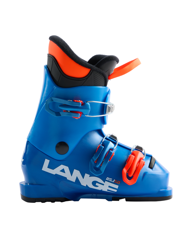 Lange RSJ 50 juniorpjäxor i blått med tre spännen och orangea detaljer för unga skidåkare.
