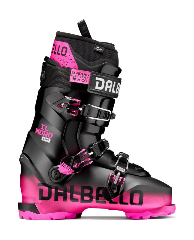 Dalbello Il Moro PRO 3DWrap alpinpjäxa i svart och rosa med spännen för friåkning och park.