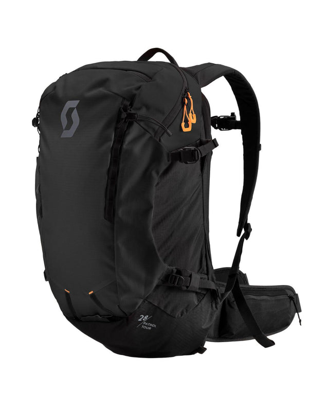 Scott Pack Patrol Tour 28 är en svart skidryggsäck med praktiska detaljer för toppturen.
