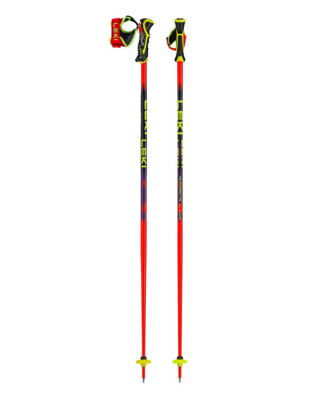 Leki WCR Pro SL TR racingstavar i rött och violett med Trigger 3D-system för elitsatsande alpina tävlingsåkare.