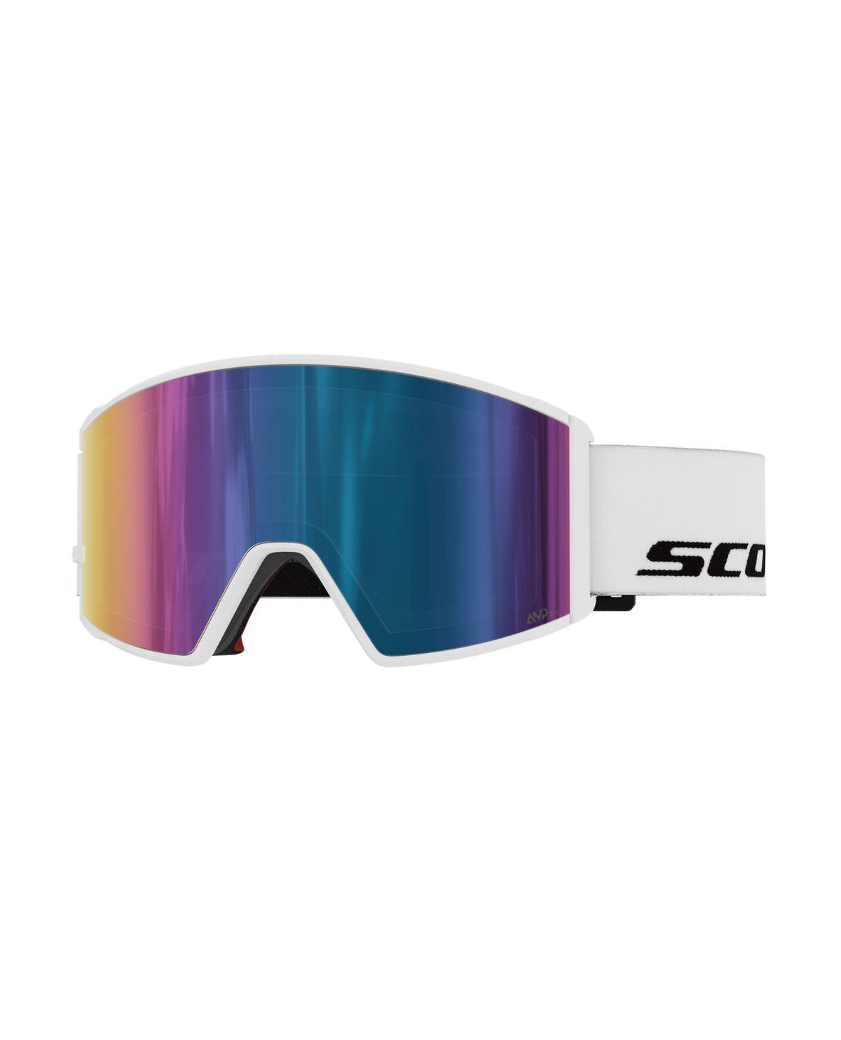 Scott Goggle React skidglasögon i vitt med färgstark AMP Teal Chrome-lins för alpina skidåkare.