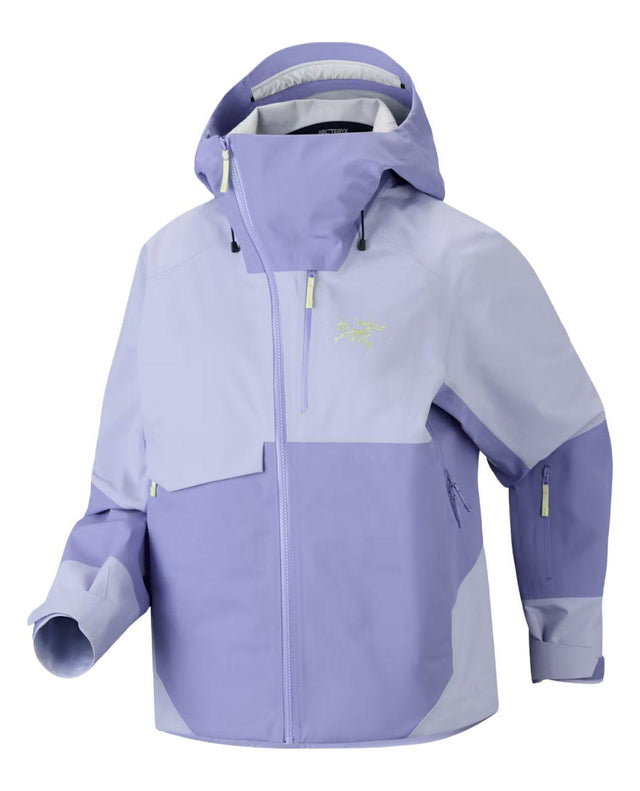 Lila skidjacka för dam från Arc'teryx med asymmetrisk dragkedja och huva.