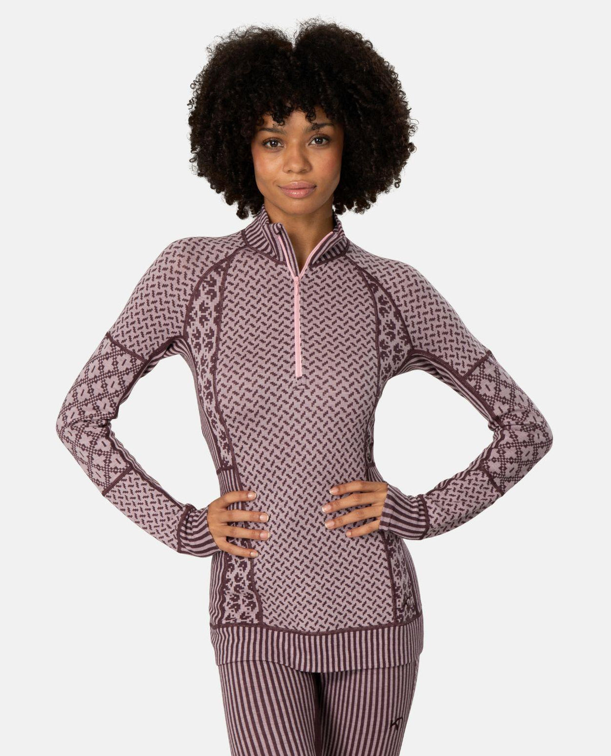 Kari Traa Smekker Half Zip - Cocoa Powder brun underställströja i merinoull med jacquardmönster.