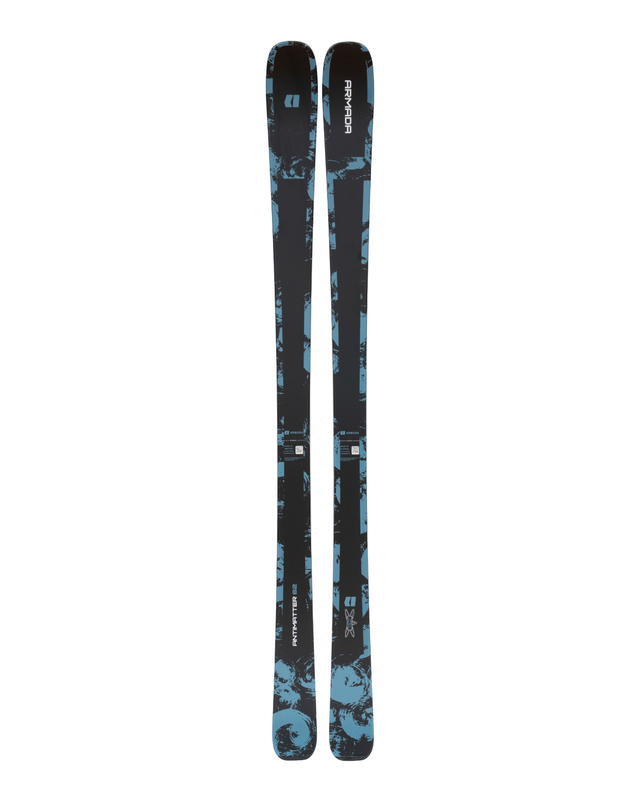 Armada ANTIMATTER 82 är en stabil allmountainskida i svart och blått med grafiskt mönster för piståkning.