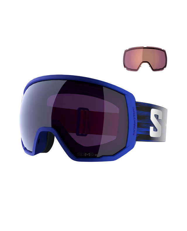 Salomon Radium Pro Outline Sigma skidglasögon i Race Blue med extra lins för alpina skidåkare.