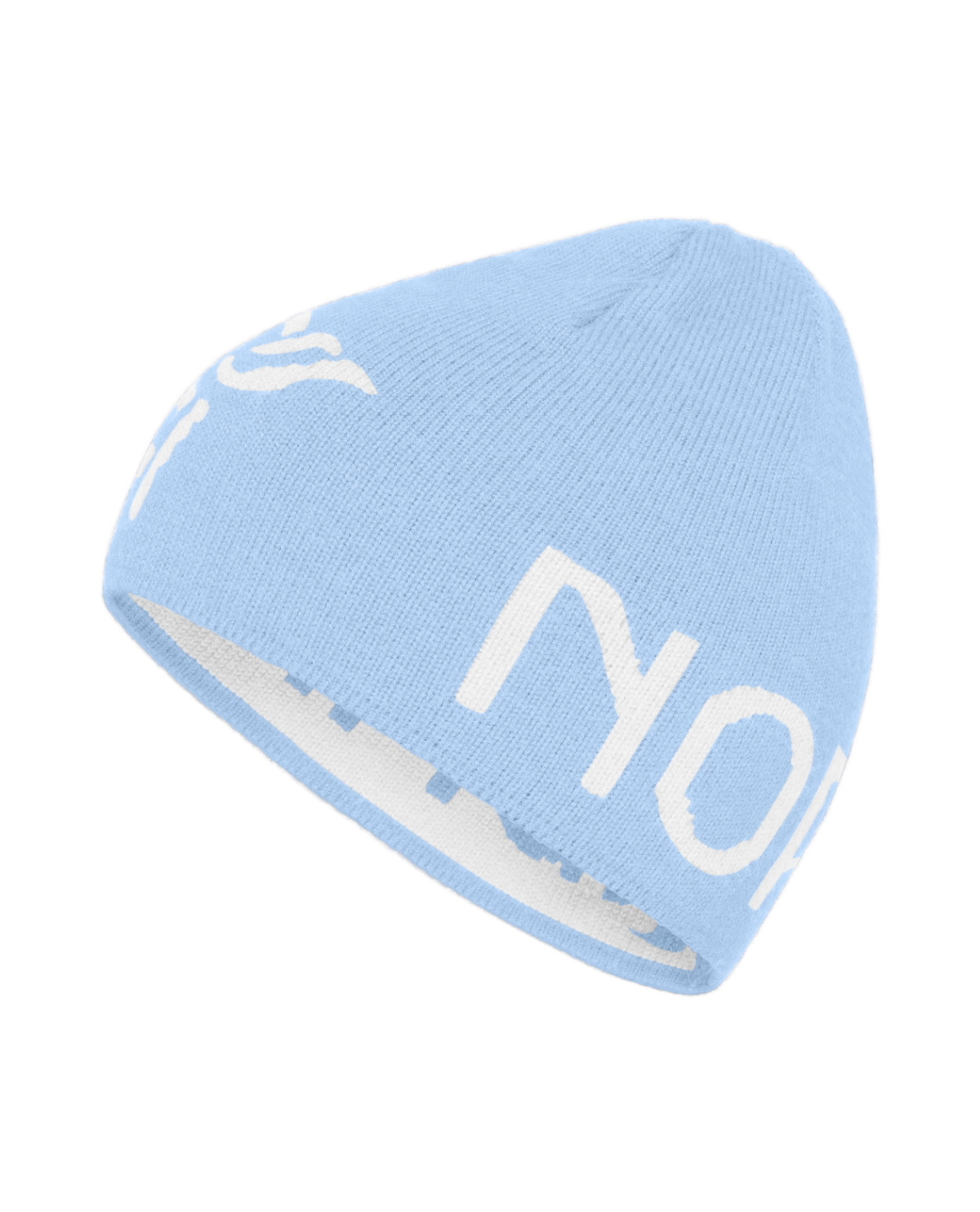 Norrøna /29 mid merinoUll Logo Beanie i ljusblått med vit logotyp för sköna dagar på berget.