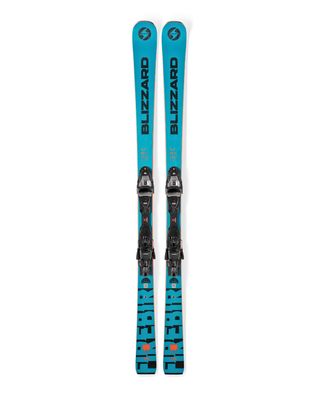 Blizzard Firebird 76 RS TI + Xcell 12 Demo pistskidor i blå och svart design med förmonterade bindningar.