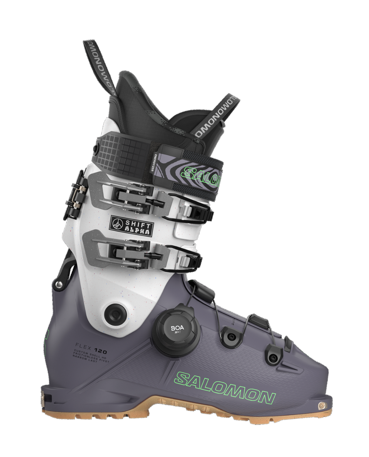Salomon Shift Alpha BOA 120 alpina pjäxor i grått, vitt och grönt med BOA-spännsystem för herrar.