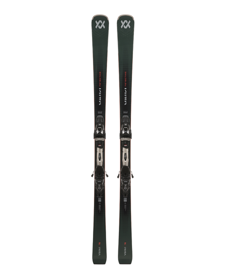 Völkl Peregrine 76 + RMotionT 12 pistskidor med bindningar visade framifrån i mörk design.