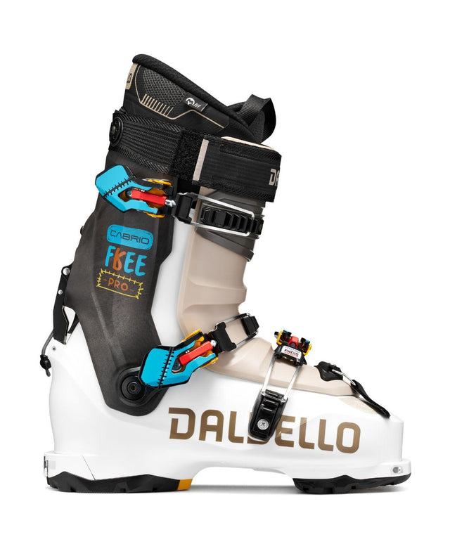 Dalbello Cabrio LV Free Pro - Alpinpjäxa i vit, svart och beige design med blå detaljer