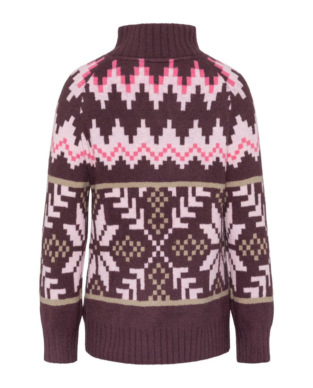 Kari Traa Amelia Knit i färgen Cocoa Powder, sedd bakifrån med sitt norskinspirerade mönster.