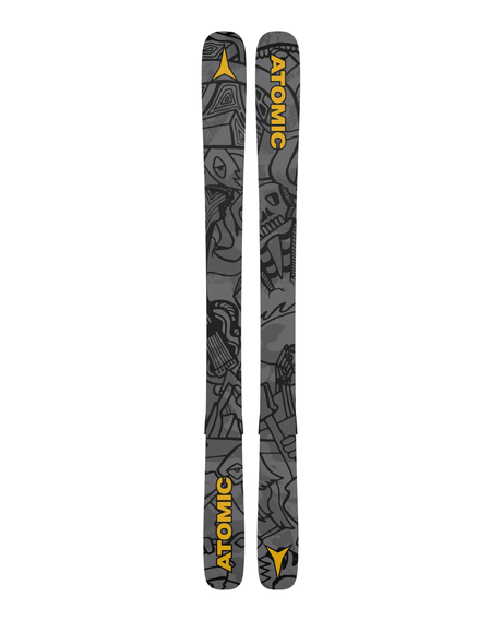 Grå Atomic Bent Chetler Mini 26/27 juniorskidor med svart grafik och gula logotyper för lekfull freeride.