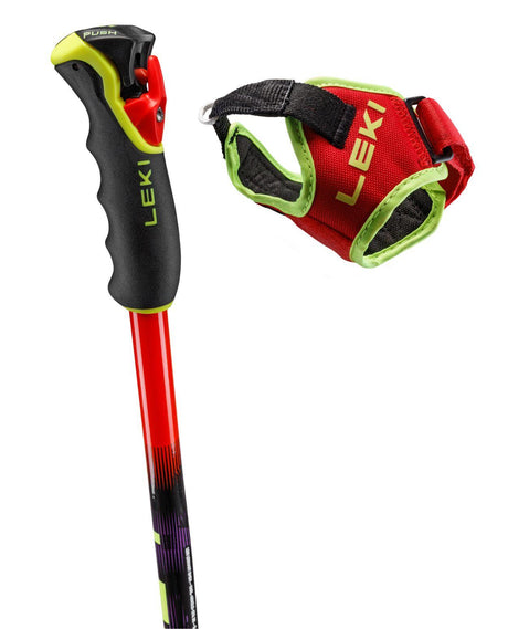 Leki WCR Pro GS TR racingstav med uppdaterat Trigger 3D-grepp och röd Frame Strap för alpin tävlingsåkning.