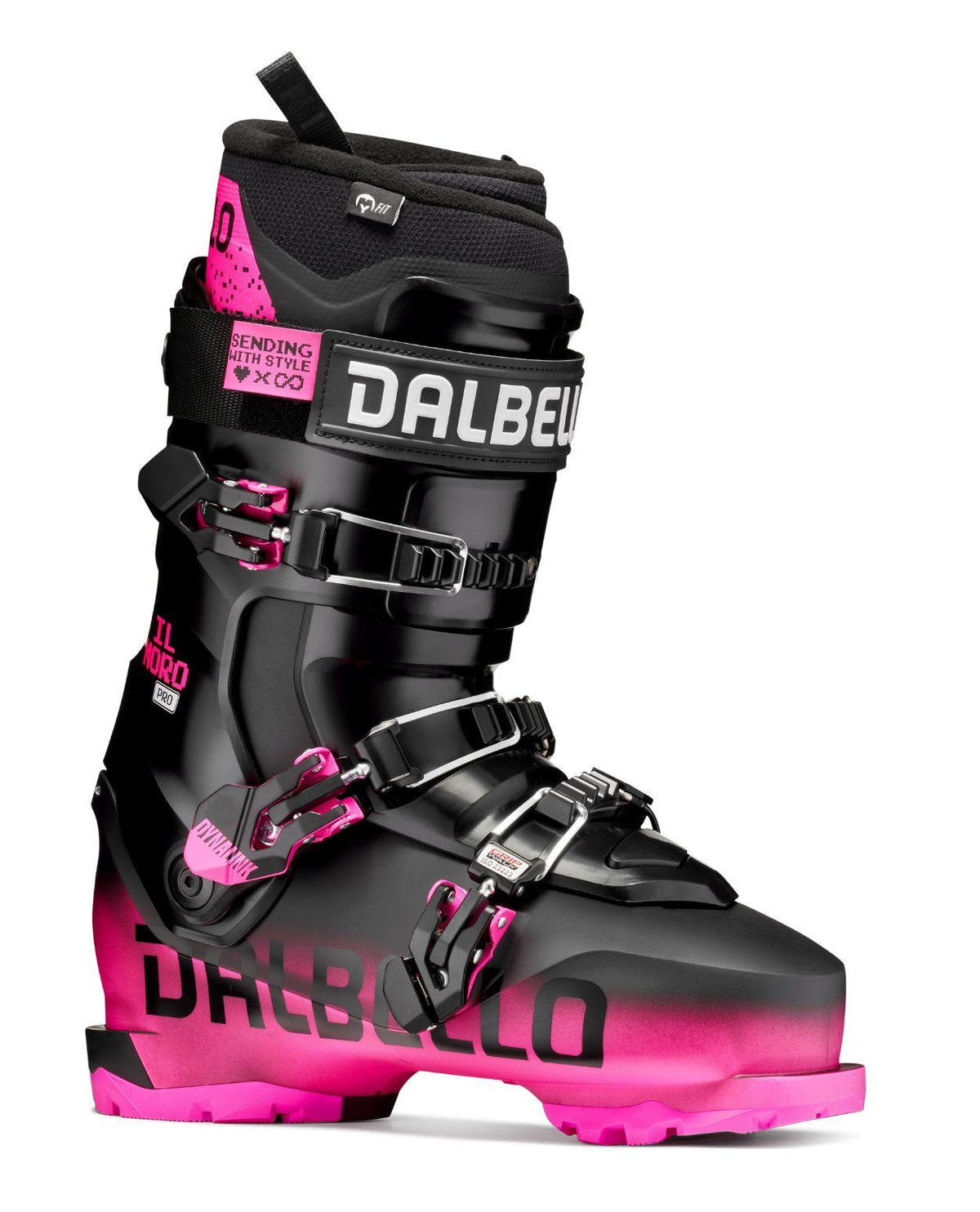Dalbello Il Moro PRO 3DWrap alpinpjäxa i svart och rosa med spännen för friåkning.