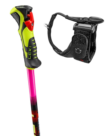 Leki WCR Evo Lite SL TR juniorstav med gult Trigger-grepp, svart rem och rosa rör för alpina tävlingsåkare.