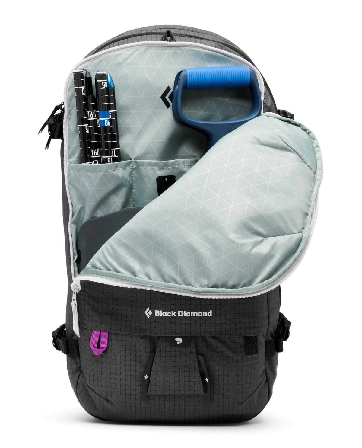 Black Diamond Helio 22 Backpack - Carbon ryggsäck öppen med förvaring för lavinutrustning - Alpingaraget