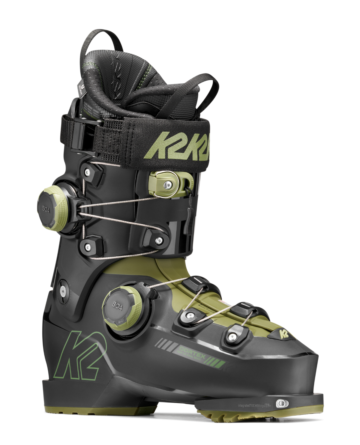K2 Cortex 120 Team Zonal BOA är en högpresterande alpinpjäxa i svart och olivgrönt med BOA-system och tech-inserts.