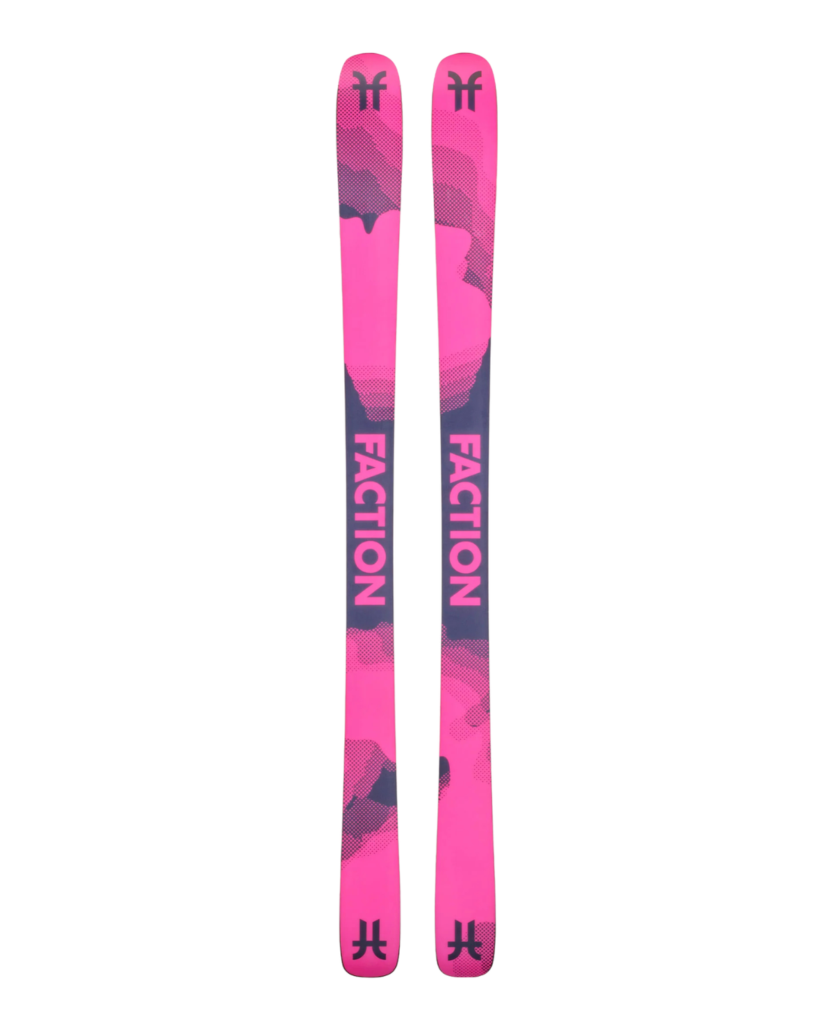 Faction Prodigy 0 26/27 är en rosa och mörkgrå allmountainskida med lekfull design och stor FACTION-logotyp för skidåkare.