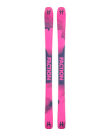 Faction Prodigy 0 26/27 är en rosa och mörkgrå allmountainskida med lekfull design och stor FACTION-logotyp för skidåkare.