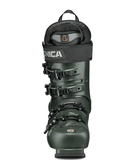 Tecnica Mach1 LV 120 TD2 alpinpjäxa för herr i en snygg mörkgrön färg med svarta detaljer.