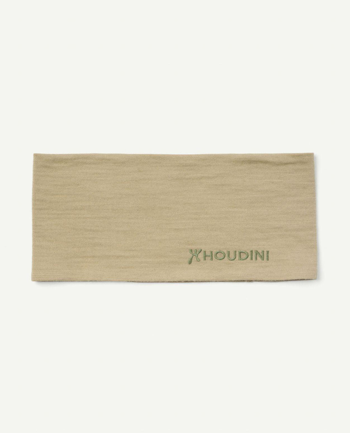 Houdini Puremerino Headband i färgen powder green mot ljus bakgrund med en broderad logotyp i hörnet.