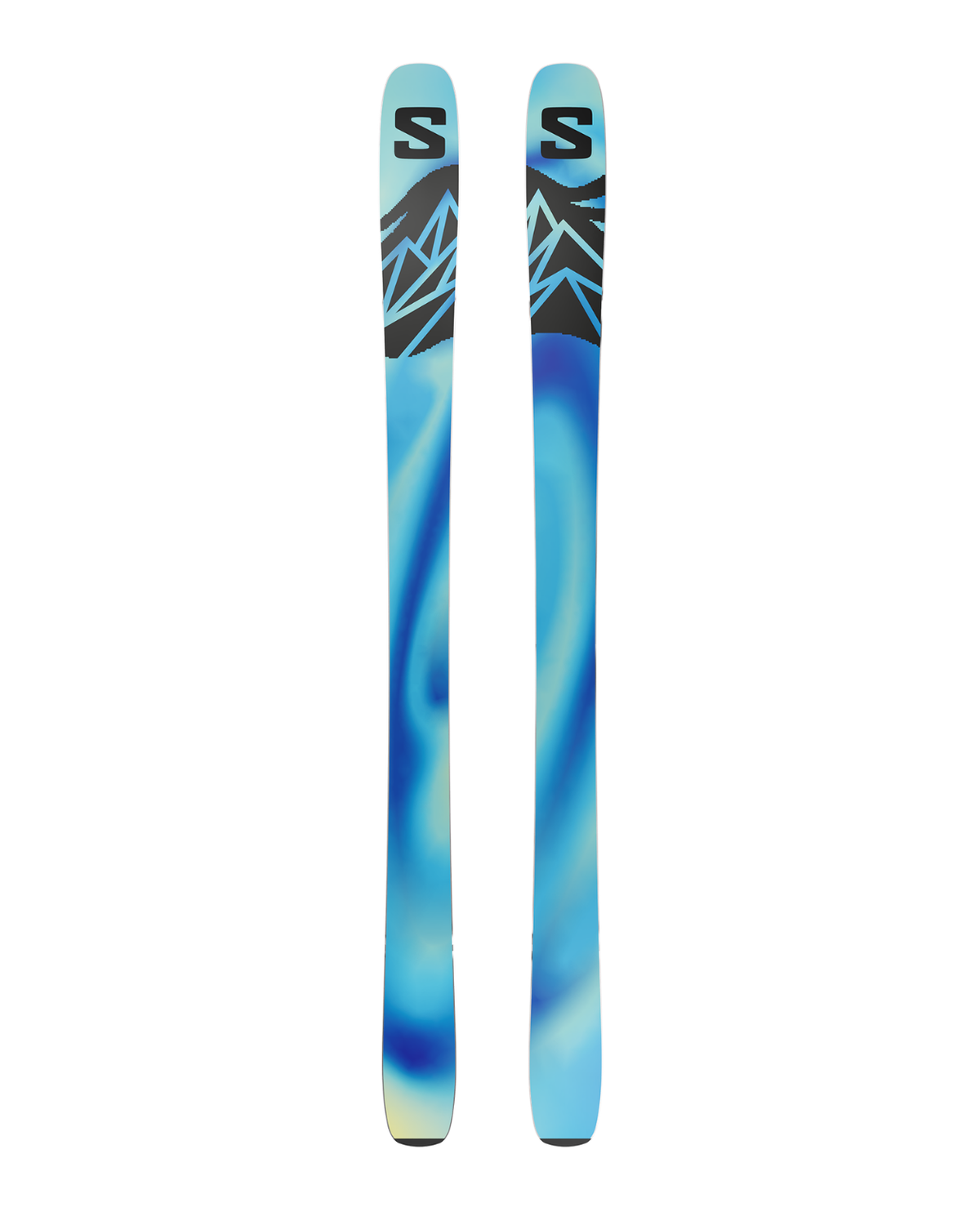 Salomon S/Max N°10 pistskidor för dam i en blå och silverfärgad design med bergsmönster på ovansidan.
