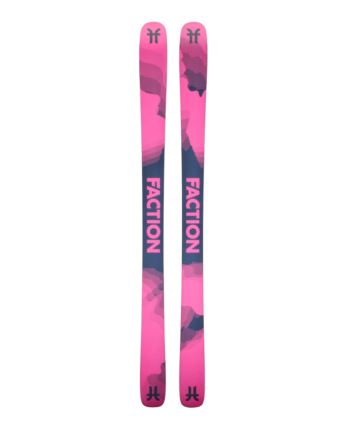 Faction Prodigy 2 26/27 allmountainskidor i rosa och mörkblå design sett framifrån mot vit bakgrund.
