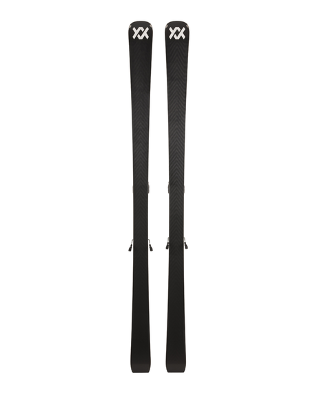 Völkl Peregrine 76 Master pistskidor framifrån med svarta designdetajer och förmonterade plattor.