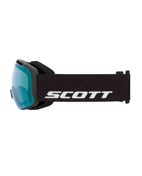 Scott Goggle Sphere OTG i svart med AMP Aurora Green Chrome-lins som visar skidglasögonens sida.
