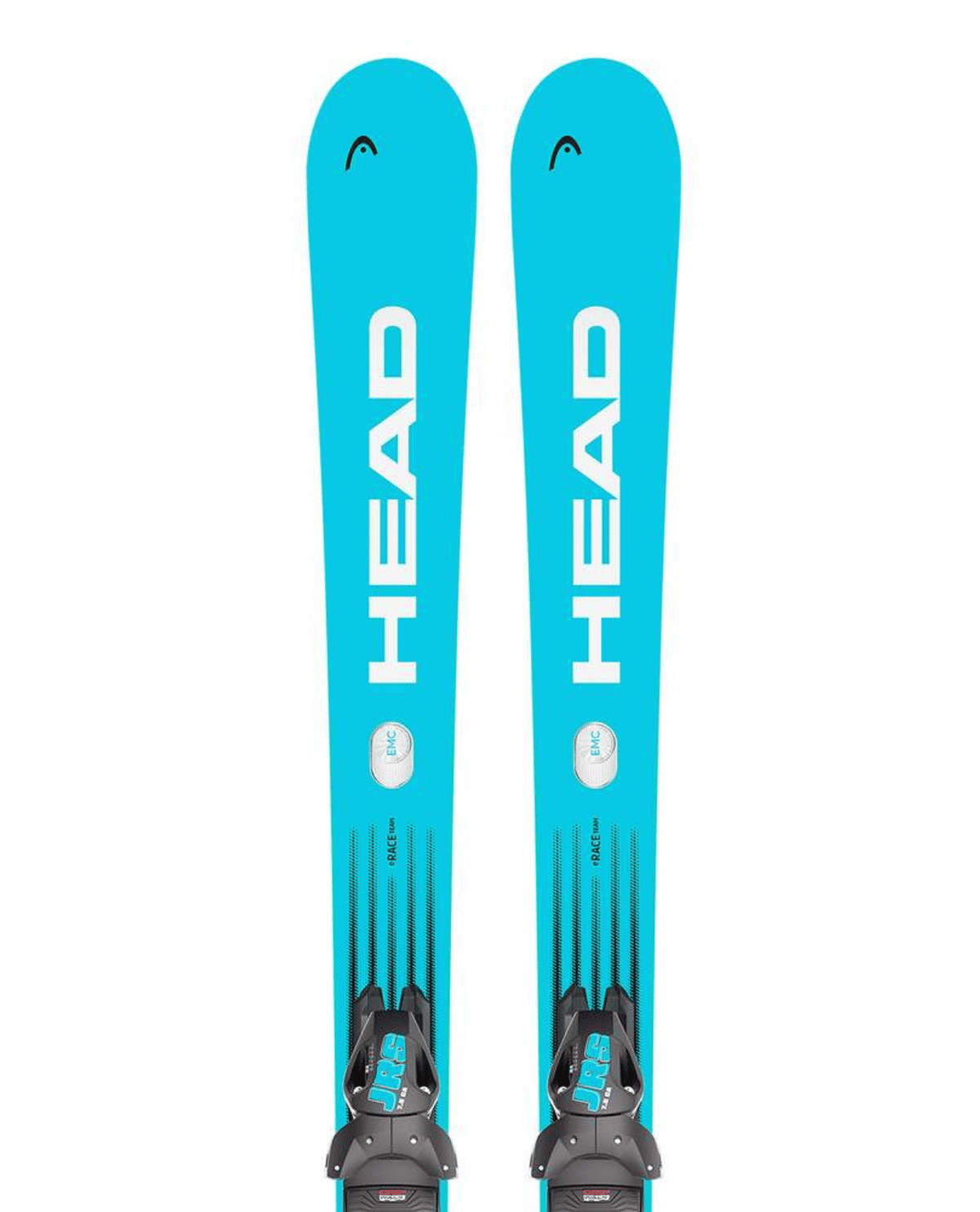 Head WC e.Race Team SW junior-raceskidor i turkos design med monterade JRS-bindningar.