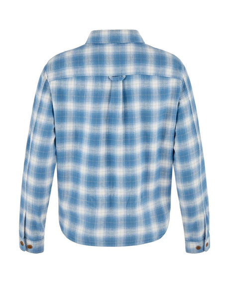 Fjällräven Övik Boxy Flannel Shirt Women bakifrån i blått och vitt rutmönster.
