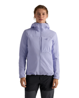 Arc'teryx Proton Hoody dam i lila färg, framifrån visad mellanlagerjacka för alpina äventyr.