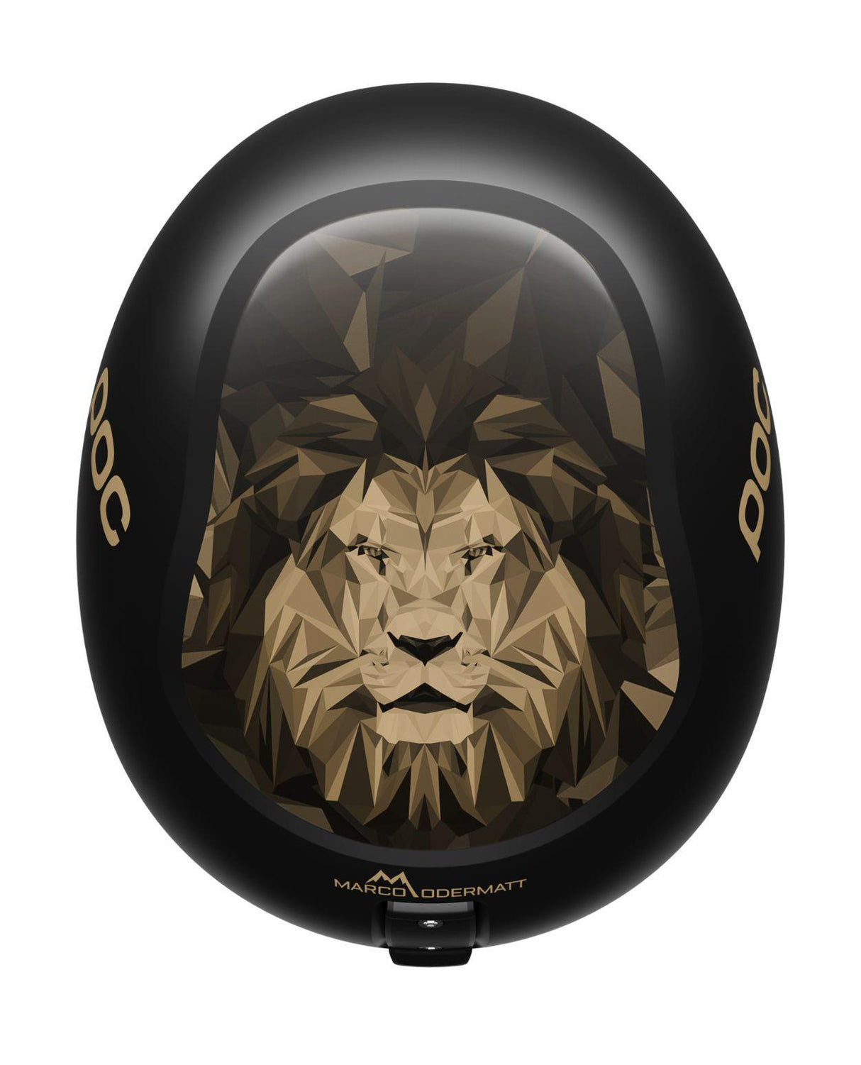 POC Skull Dura Junior Marco Odermatt Edition skidhjälm i svart med guldfärgat lejonmotiv framtill.