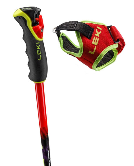 Leki Venom GS TR race-stav med Trigger 3D-grepp och neonröd Frame Strap för alpina tävlingsåkare.