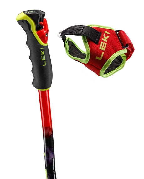 Leki WCR SG/DH TR racingstav med uppdaterat Trigger-grepp och rem i rött och neongult för alpina tävlingsåkare.
