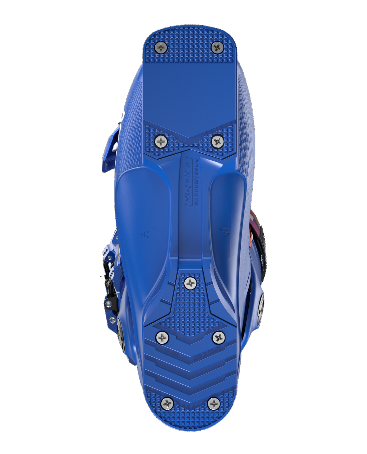 Undersidan av den blå alpina pjäxan Salomon S/Pro Race 140 som visar sulans konstruktion.