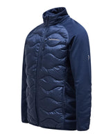 Peak Performance Helium Down Hybrid Jacket för herrar i färgen blue shadow, visad i en sidovy med quiltad front.