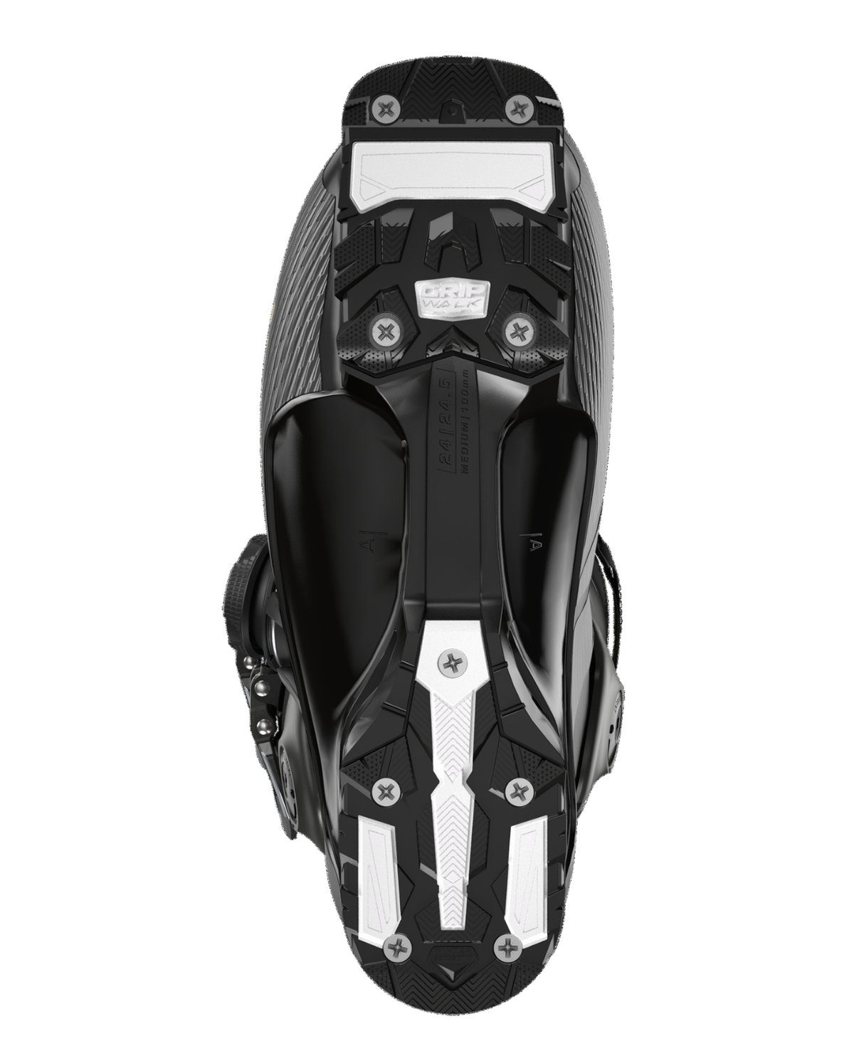 Undersidan av den svarta alpina pjäxan Salomon S/Pro Supra S BOA 95 Women som visar greppvänlig sula.