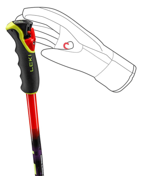 Leki WCR Pro GS TR:s ergonomiska Trigger-grepp i rött och neongult ger dig optimal kraftöverföring i tävlingsbacken.