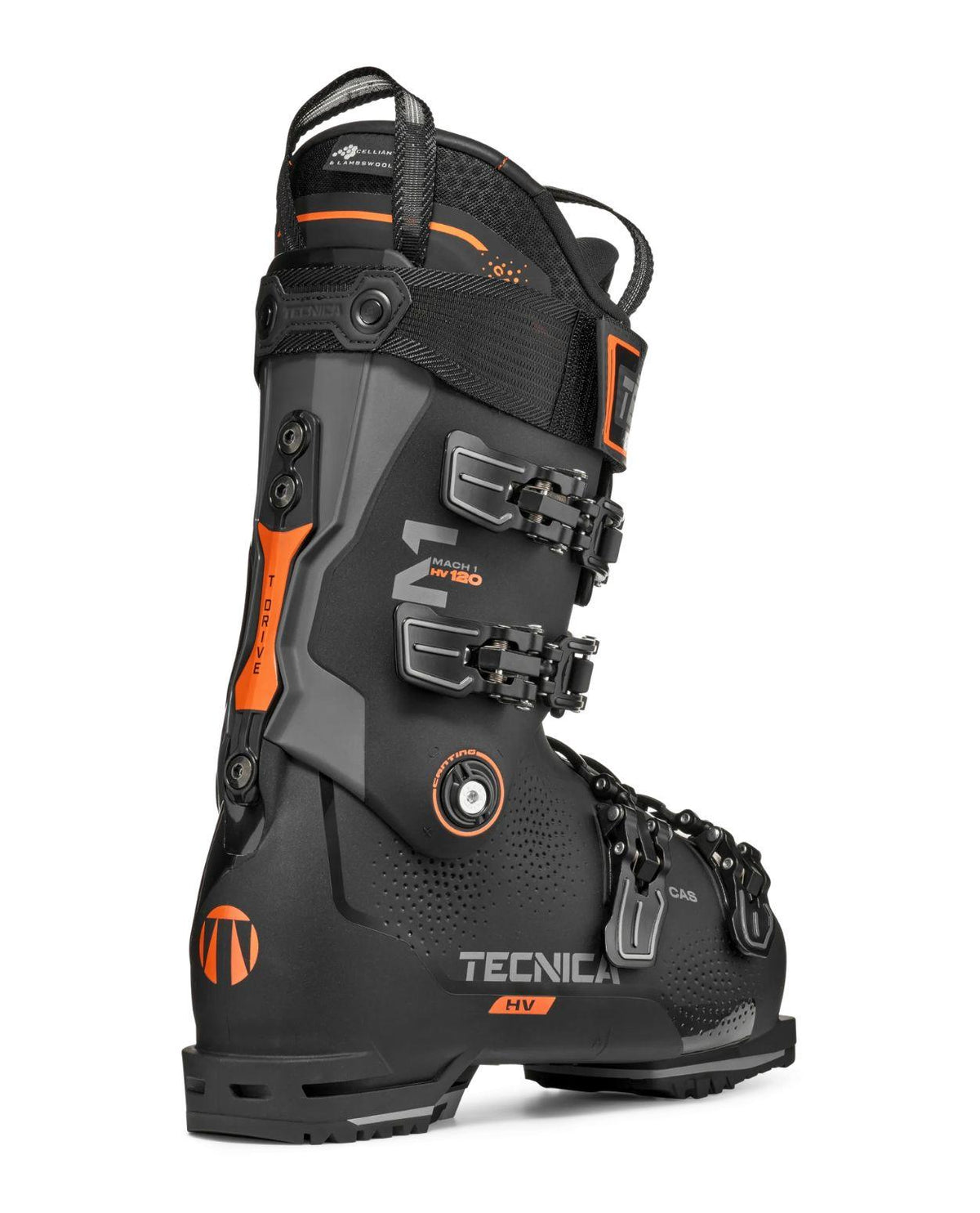 Tecnica Mach1 HV 120 TD alpinpjäxa i svart och orange, visad bakifrån för avancerade skidåkare med breda fötter.