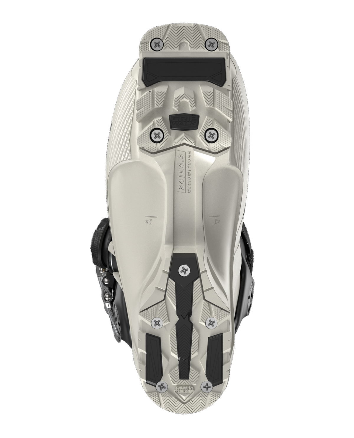 Undersidan på Salomon S/Pro Supra S BOA 105 dam-alpinpjäxa i grått som visar sula och mönster.