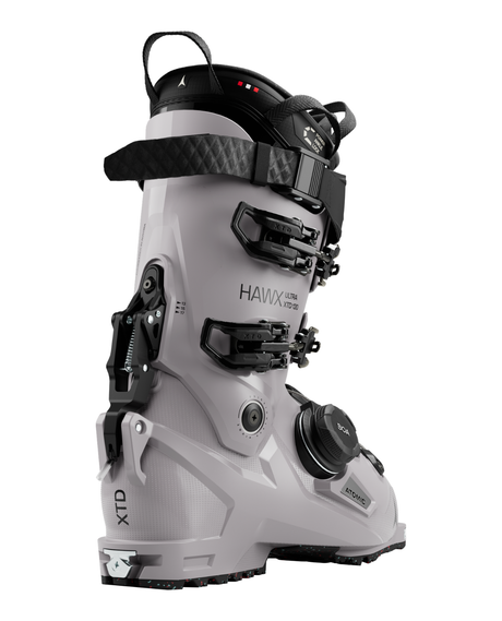 Atomic Hawx Ultra XTD 130 BOA, grå toppturspjäxa med gåläge och BOA-snörning sedd bakifrån.