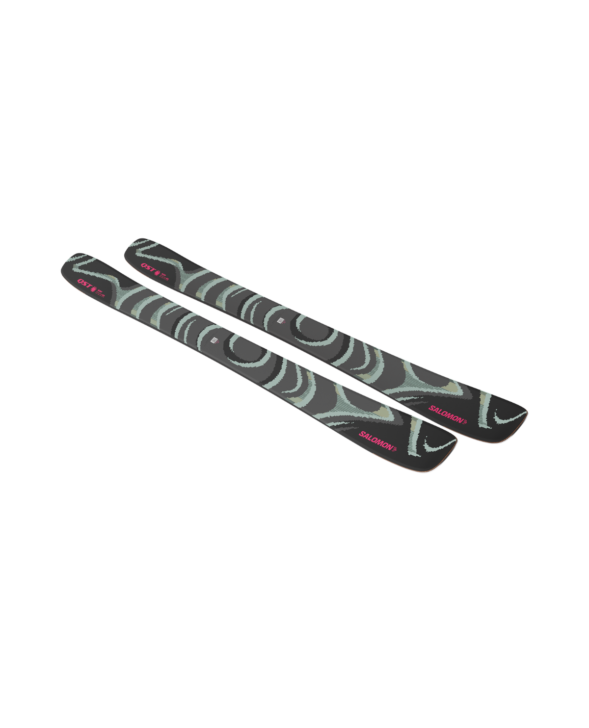 Salomon QST 100 allmountainskidor med ovansida i svart, grönt och rosa som visar toppdesignen.