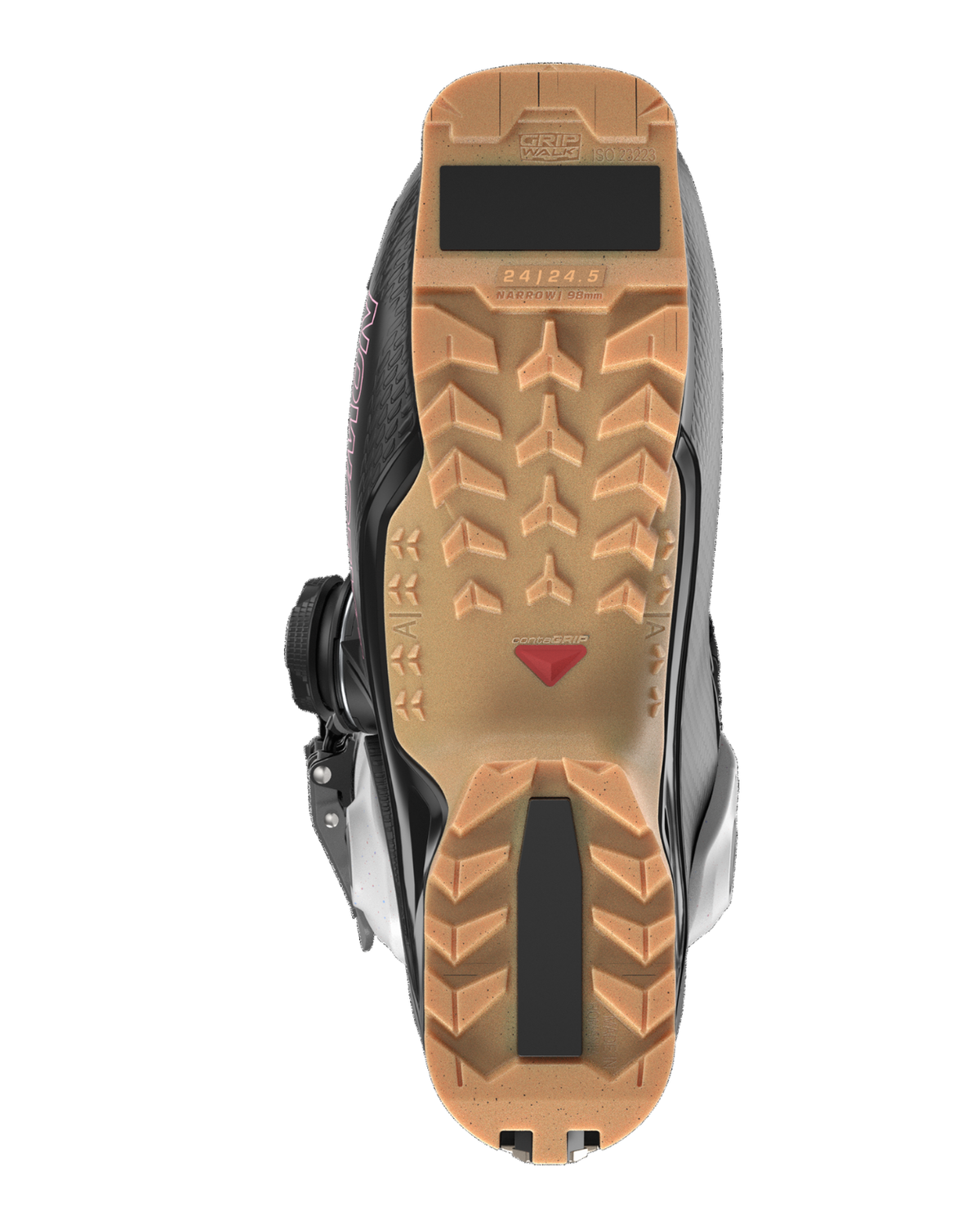Undersidan av Salomon Shift Alpha BOA 95 dam pjäxa som visar den räfflade GripWalk-sulan.