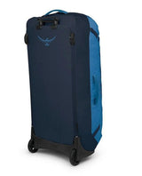 Osprey Transporter Wheeled Duffel 120L i blått utförande, visande väskans baksida med hjul och handtag.
