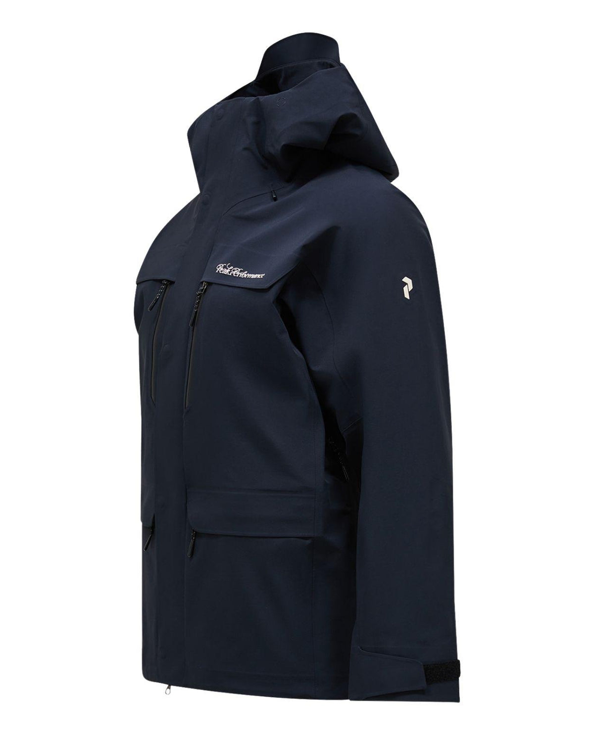Peak Performance 40Y R&D Long Gore-Tex Shell Jacket Women i svart, visad från sidan.