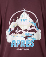 Närbild på det färgglada skidmotivet med texten Eat Sleep Ski Apres på Kari Traa KT Graphic Tee i brunt.