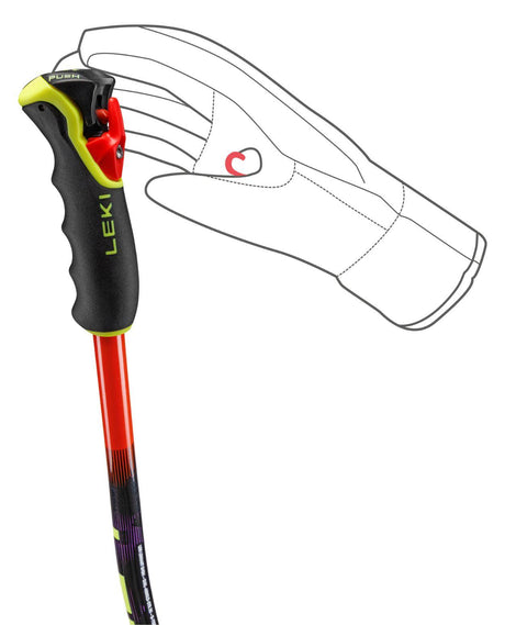 Trigger-systemet på Leki WCR Evo Lite GS TR i rött och neon, optimerat för unga alpina tävlingsåkare.