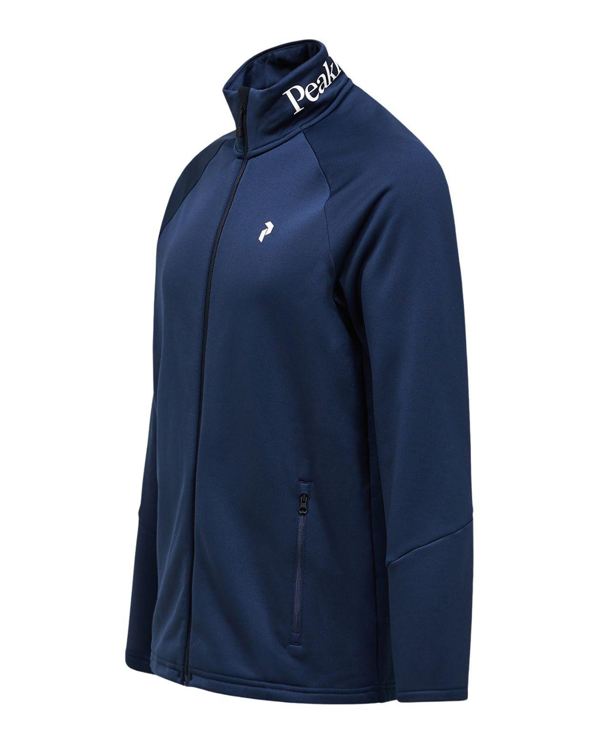 Peak Performance Rider Essentials Zip Jacket Men i Blue Shadow visar mellanlagersjackan från sidan med synlig krage och logo.