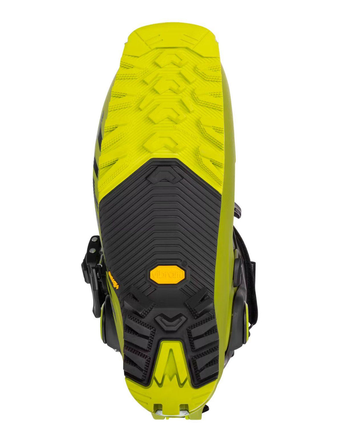 Undersidan på den gröna och svarta toppturspjäxan Dynafit Radical Pro med räfflad Vibram-sula.